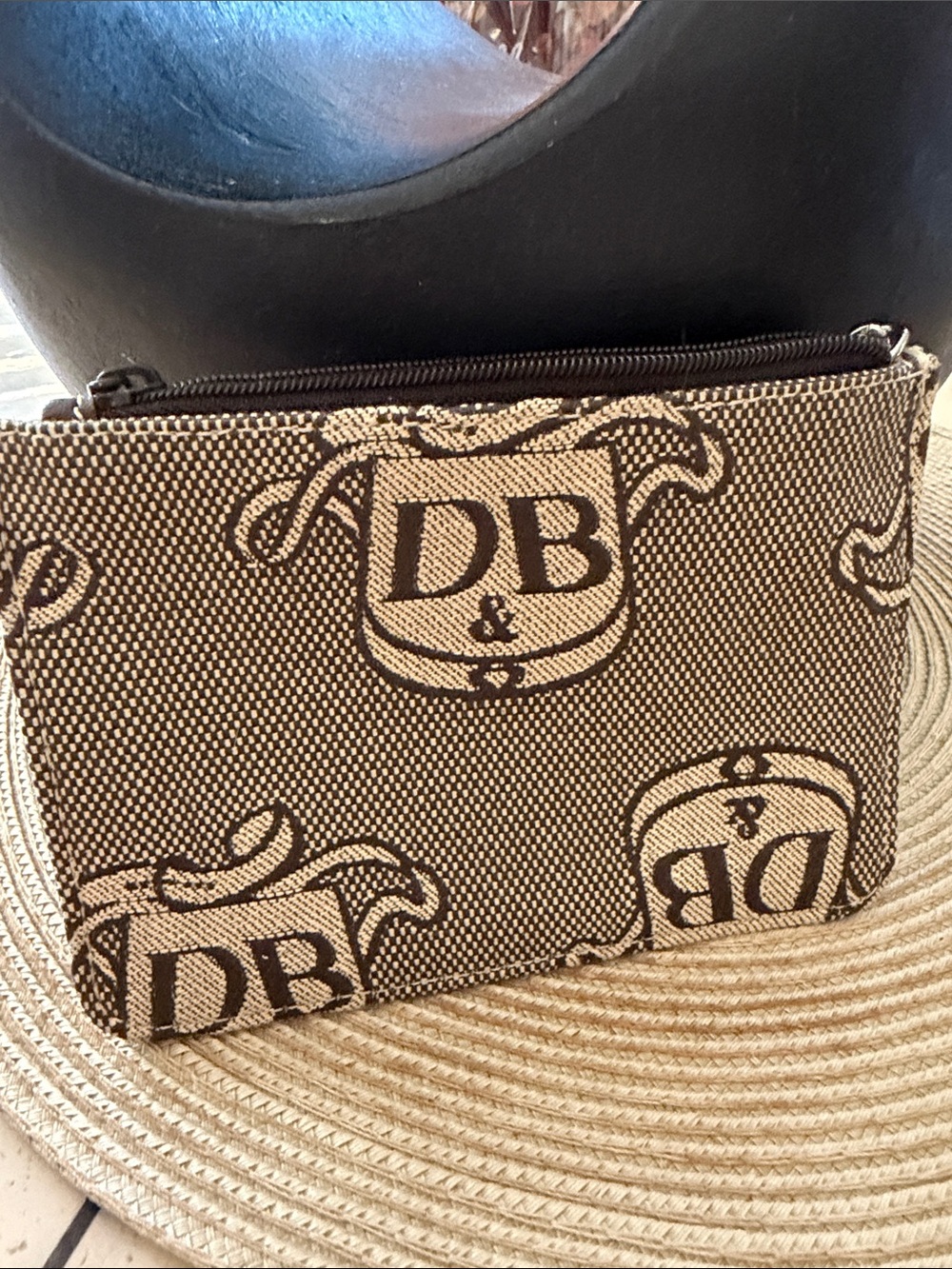 Dooney & Bourke Vintage Beige and Brown Logo Jacquard Pouch w/KeyRing & D Ring - Picture 6 of 11
